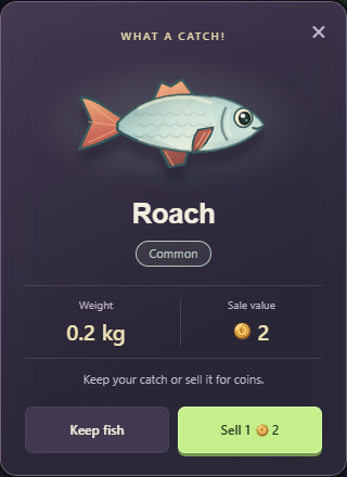 A real Roach catch in Farm Valley showing Common rarity, weight, a sale value of 2 coins, and Keep fish and Sell 1 buttons