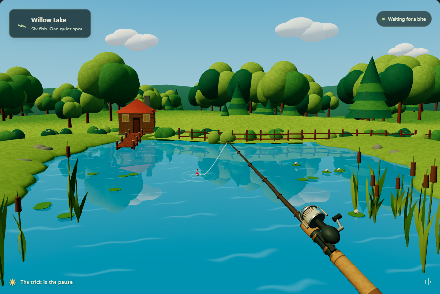 Willow Lake in Farm Valley, with a fishing rod, float and ducks on the water