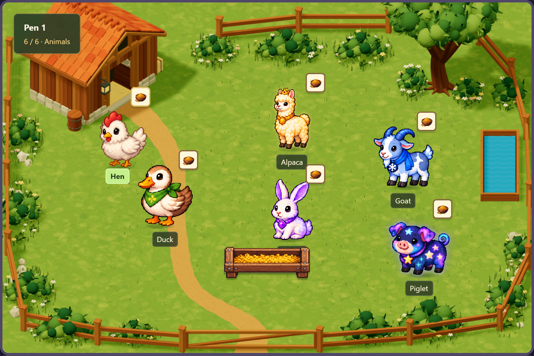 Actual Farm Valley gameplay: a hen, alpaca, goat, duck, rabbit and piglet of six different rarities on the pasture.