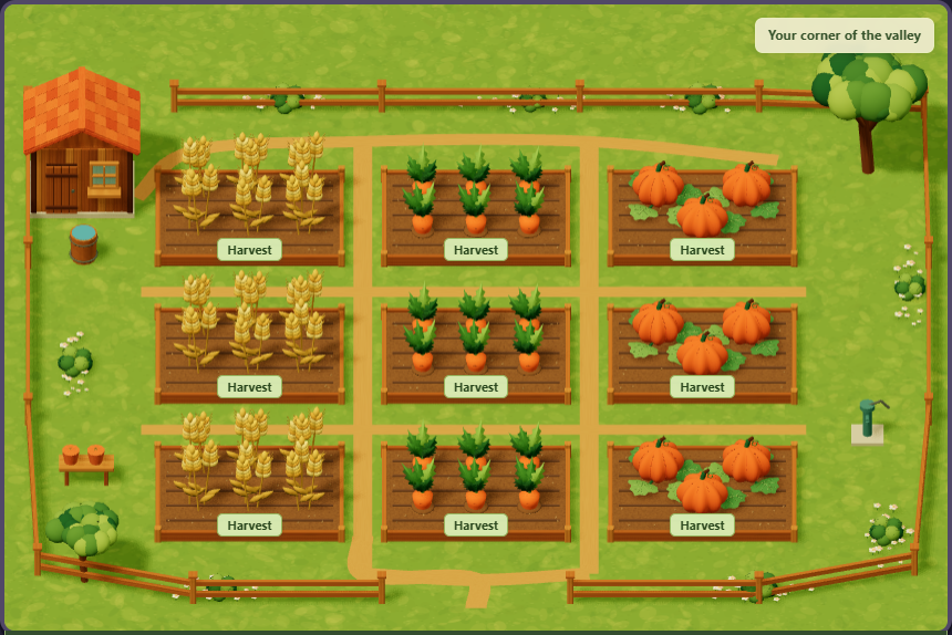 Wheat, carrots and pumpkins growing in the Farm Valley garden