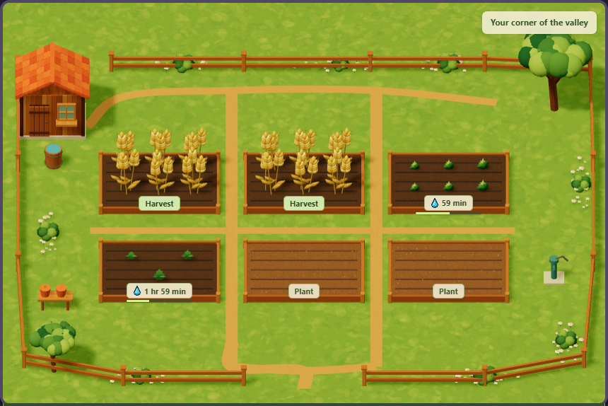 Actual Farm Valley gameplay with six planting slots: ripe wheat, growing carrots and pumpkin, and two empty slots.