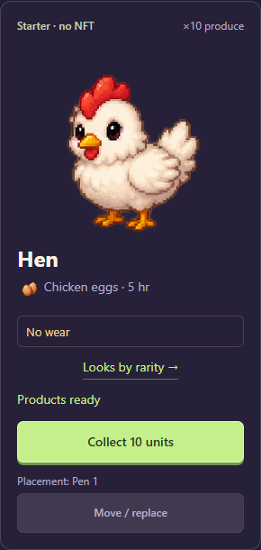 The actual in-game starter hen card with products ready to collect.